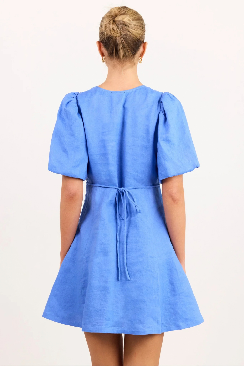 Adelaide Blue Linen Puff Sleeve Panelled Mini Dress
