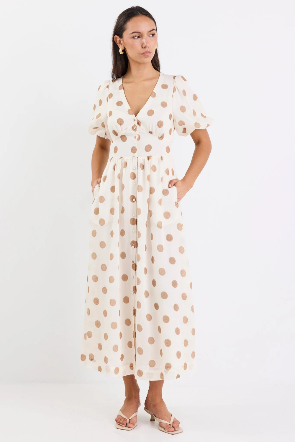 Lisbon Copper Polka Dot Puff Sleeve Midi Dress