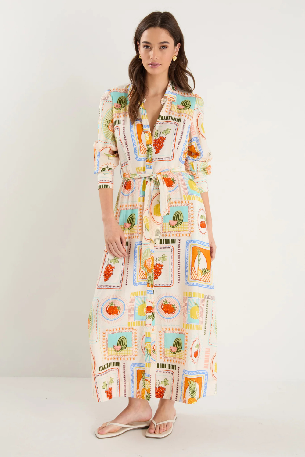 Sentiment Tropical Postcard Long Sleeve Maxi Shirt Dress