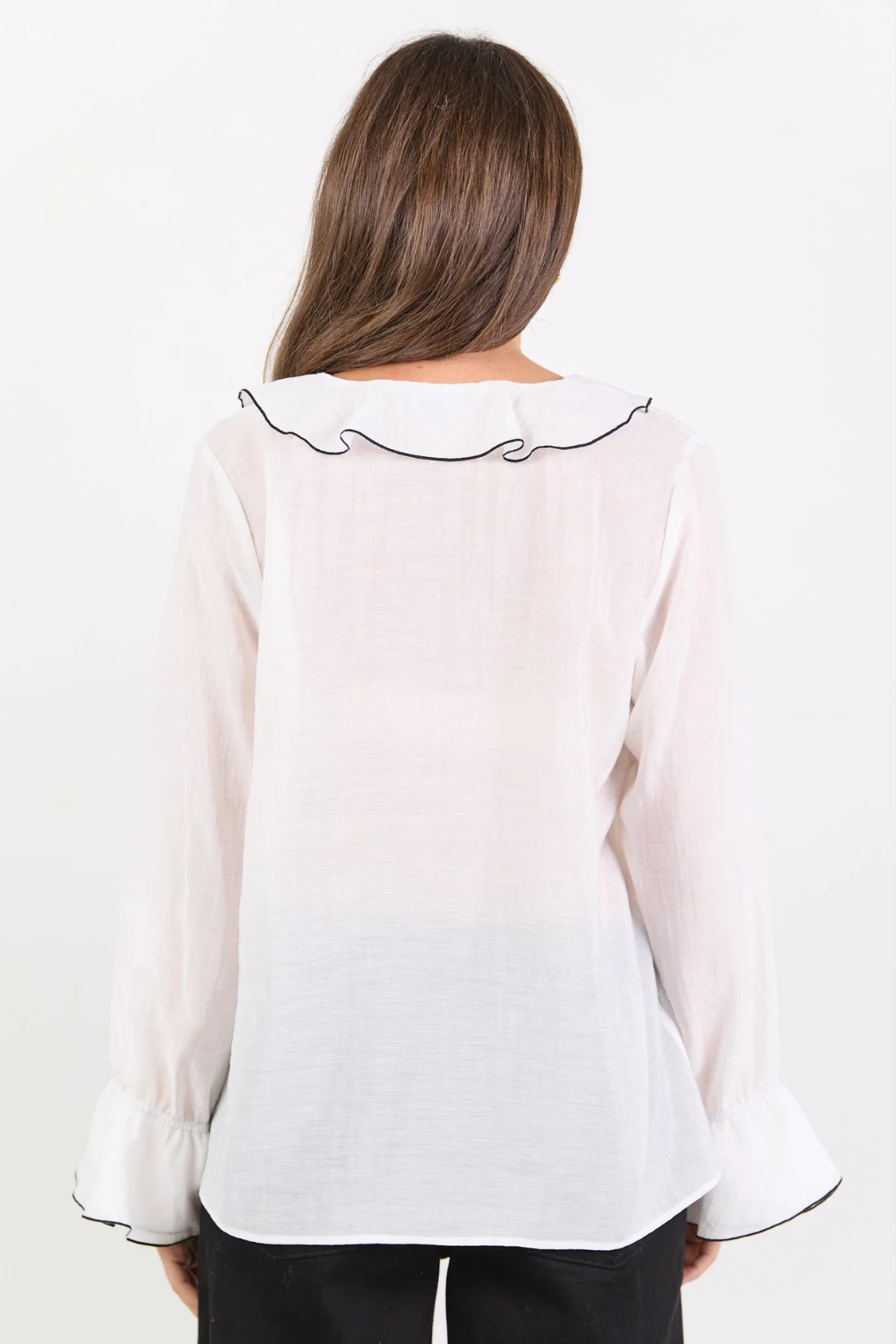 Bohemian Ivory Black Trim Sheer Frill Front Blouse
