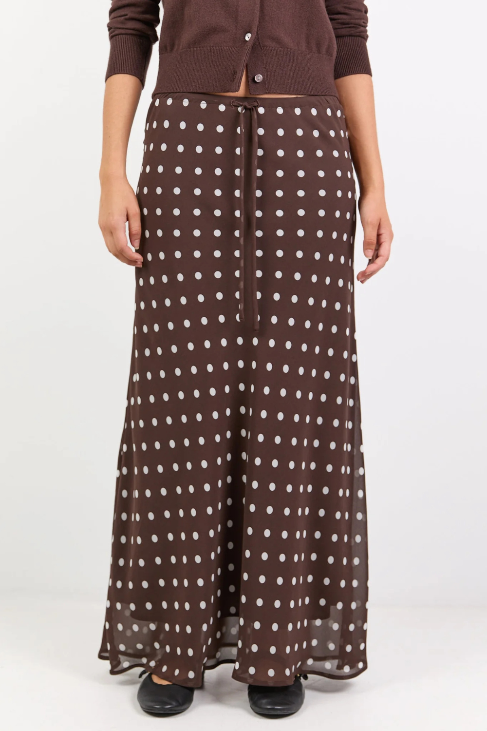 Rally Chocolate Polka Dot Georgette Tie Waist Bias Maxi Skirt