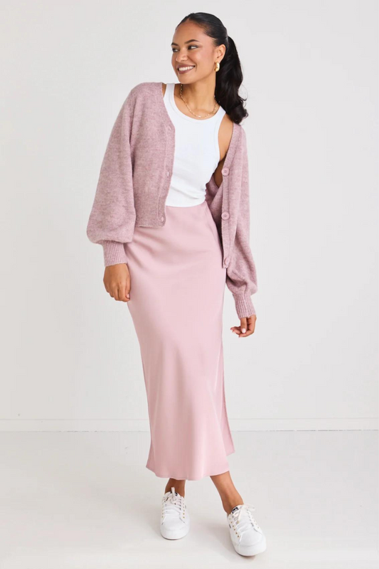 Stunning Blush Satin Side Split Bias Midi Skirt