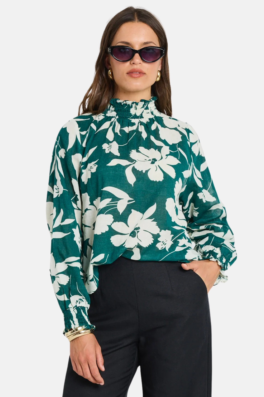 Affection Forest Floral Shirred High Neck LS Top