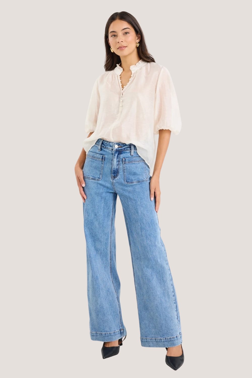 Closure Ivory Sheer High Neck Buttoned SS Top
