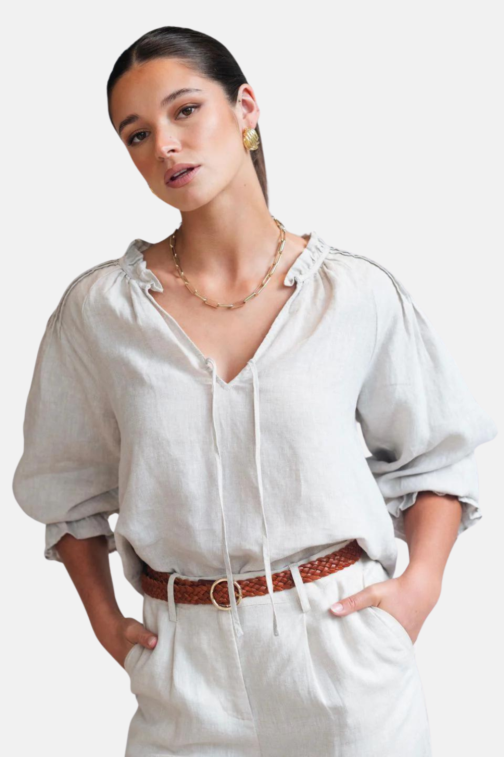 Birch Natural Linen Pintuck Shoulder Tie Neck Top