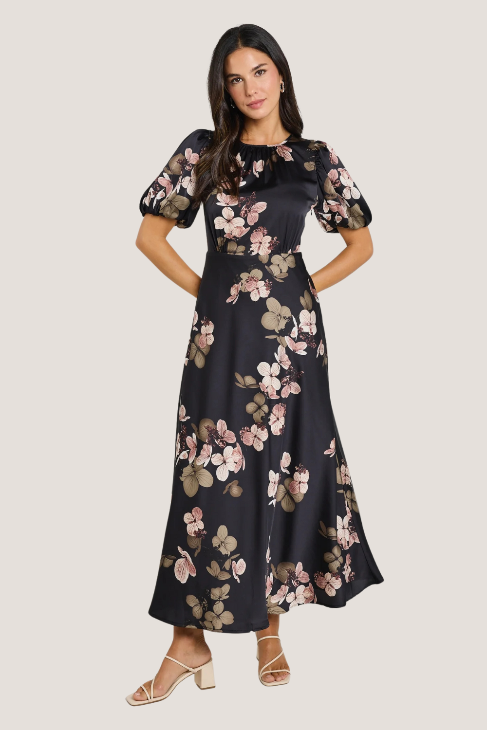 Stage Black Floral Satin Puff Sleeve Floaty Maxi Dress
