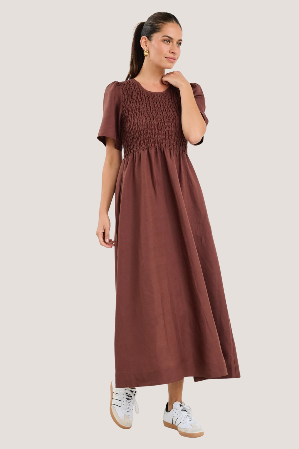 Wren Chocolate Linen Blend SS Shirred Bodice Midi Dress