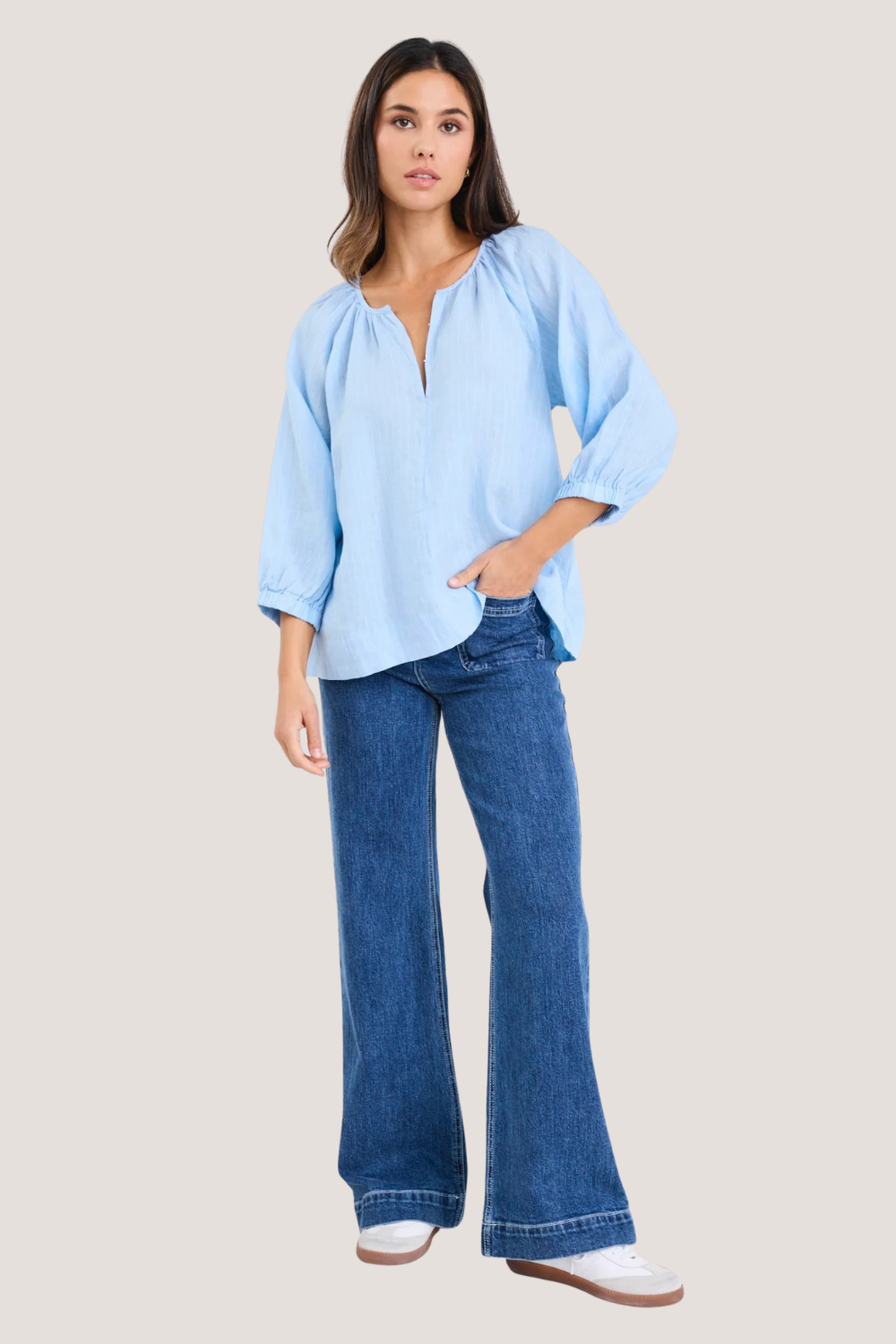Revolutionary Sky Blue Stripe Linen Relaxed LS Top