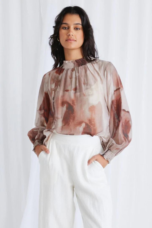 Embrace Chocolate Smudge Shirred Neck LS Top