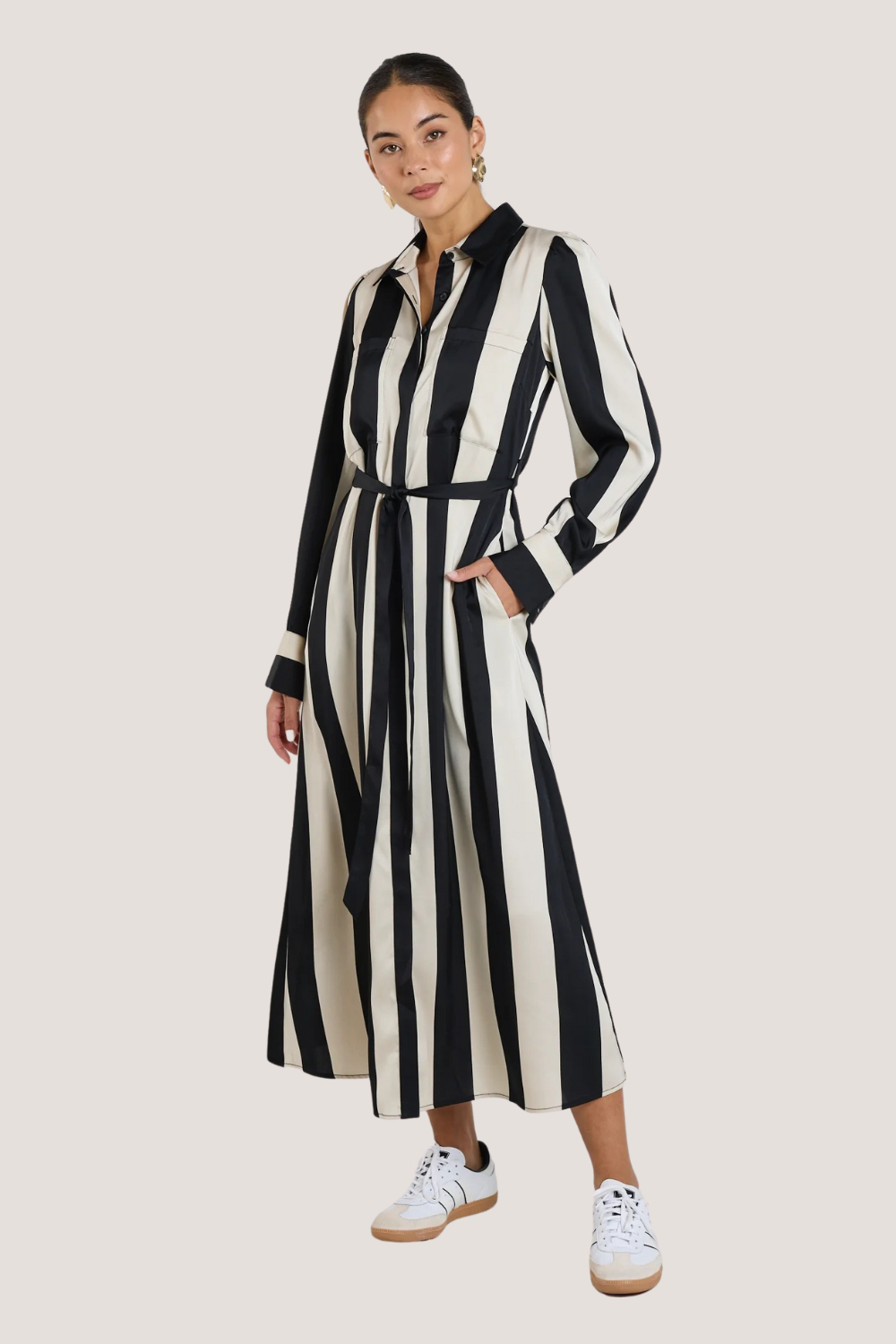 Cyprus Black Sand Stripe Satin LS Shirt Midi Dress