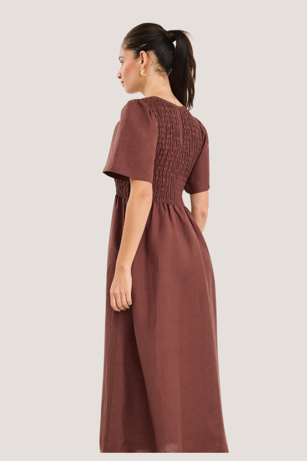 Wren Chocolate Linen Blend SS Shirred Bodice Midi Dress
