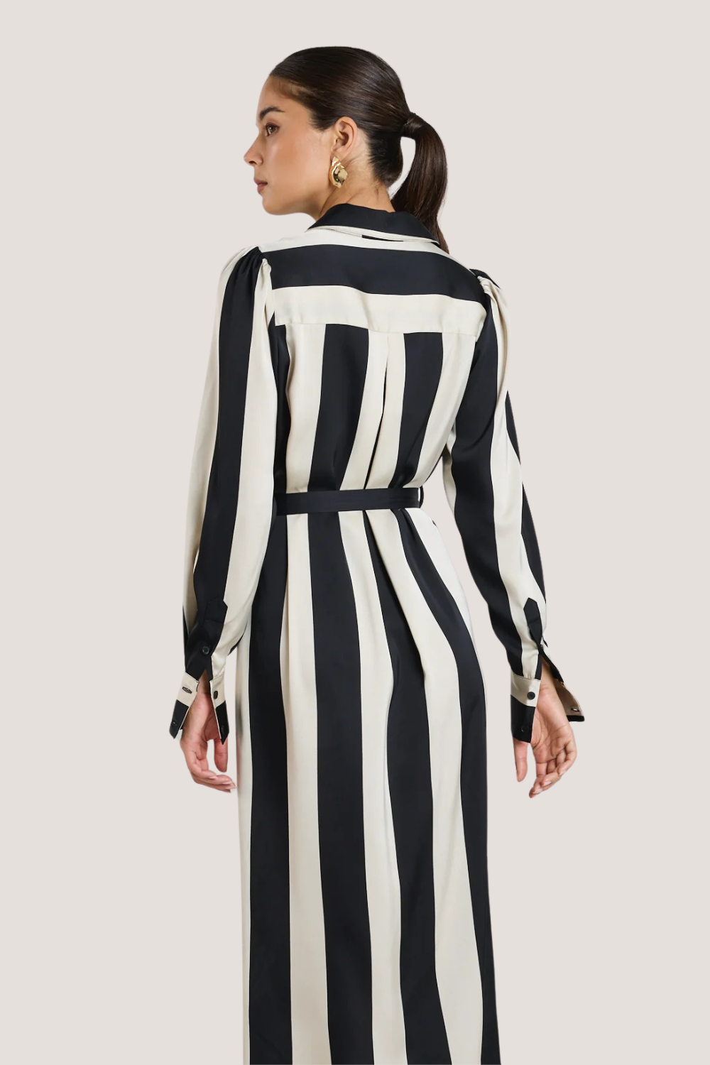 Cyprus Black Sand Stripe Satin LS Shirt Midi Dress