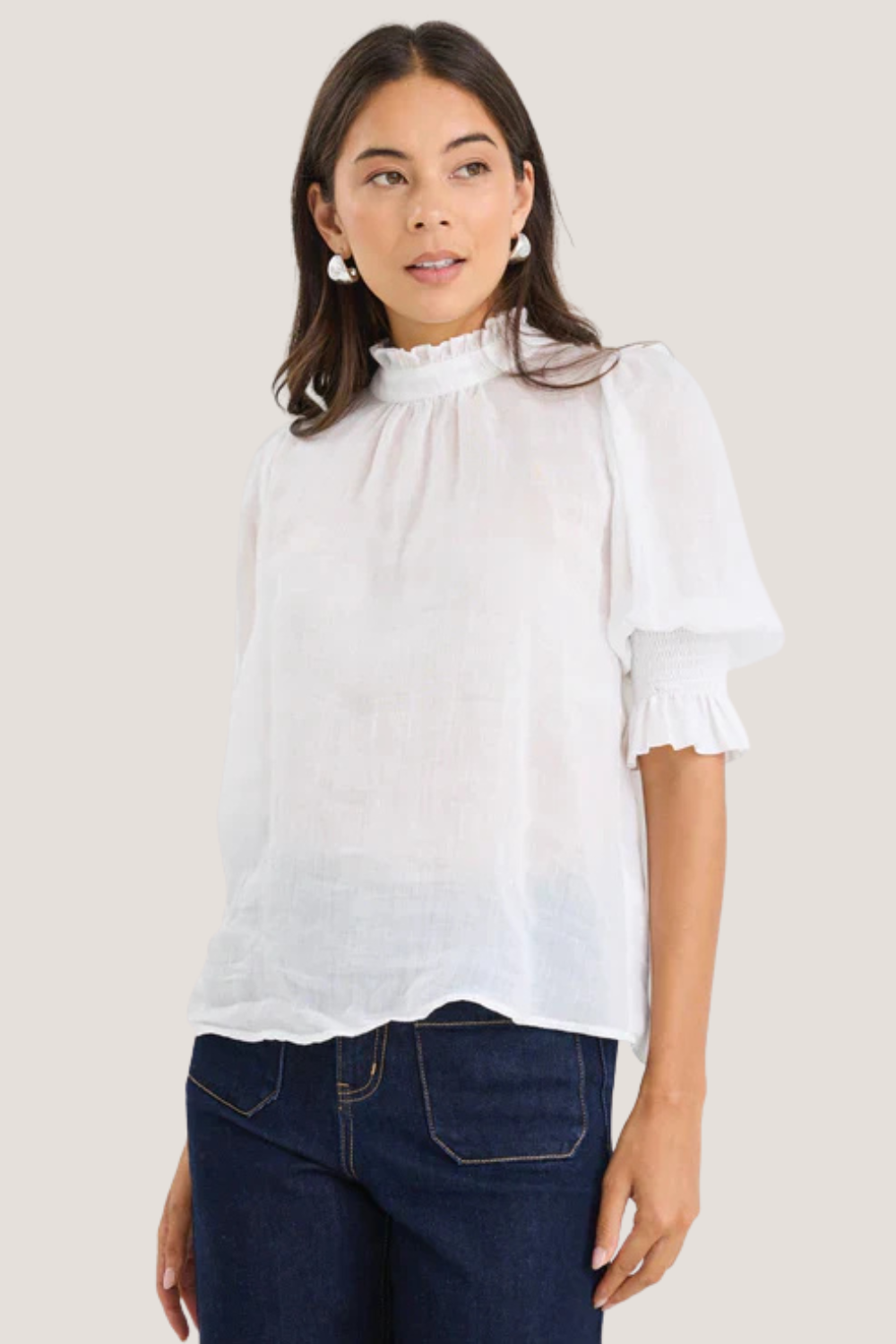 Verse Ivory Sheer High Neck Short Sleeve Top
