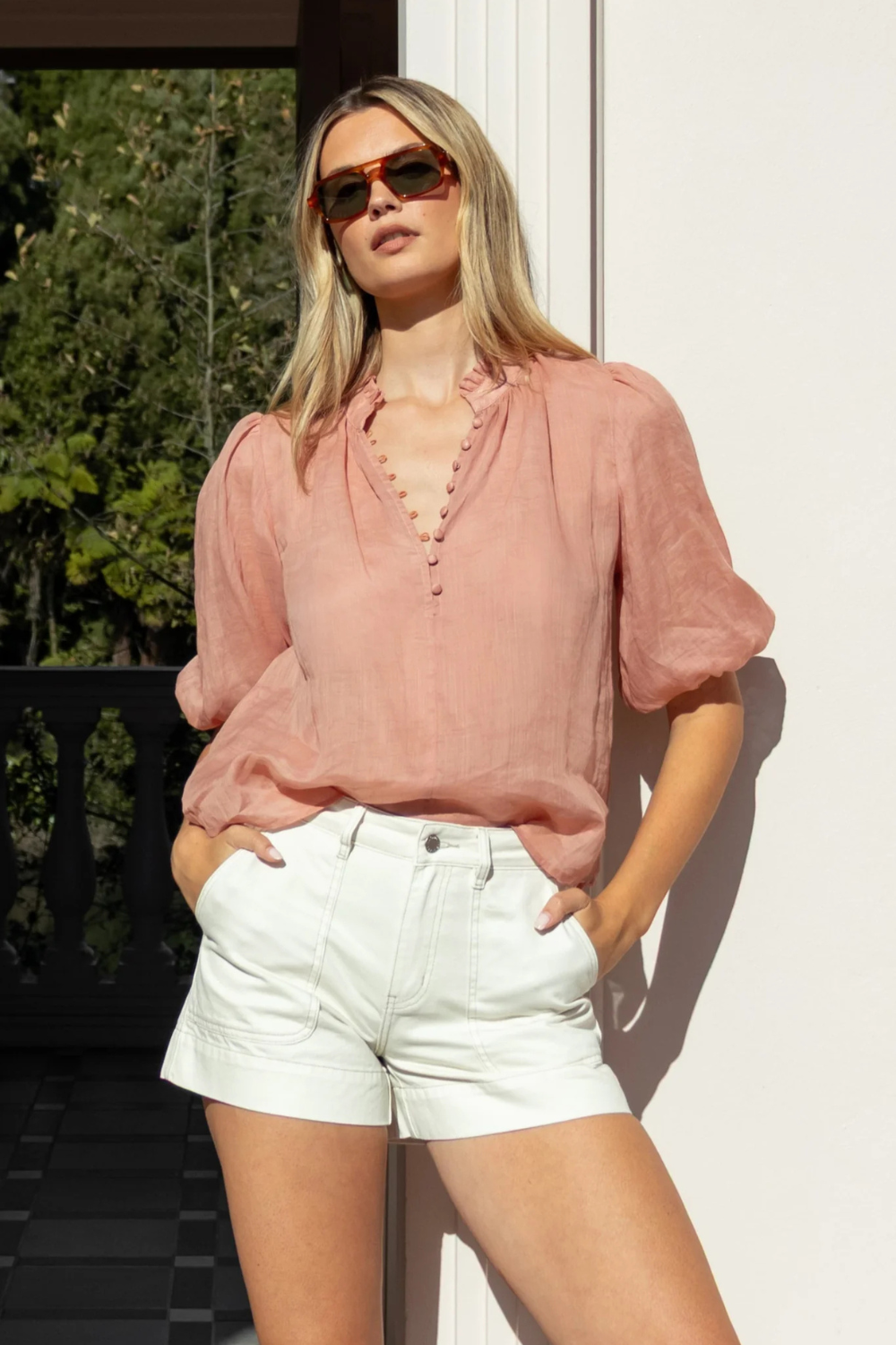 Closure Blush Ramie High Neck Buttoned SS Top