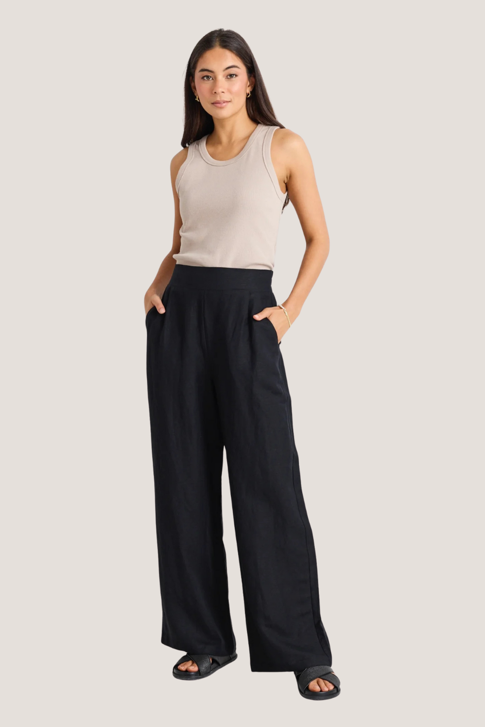 Guardian Black Linen Viscose Elastic Back Pants