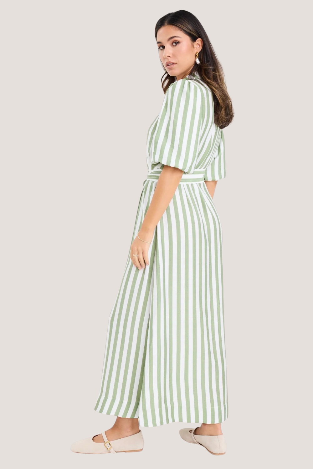 Kindred Moss Stripe Puff Sleeve Midi Shirt Dress