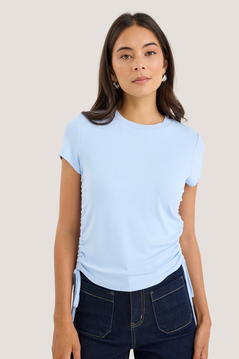 Perfect Pale Blue Rib Rouched Side Crop Tee