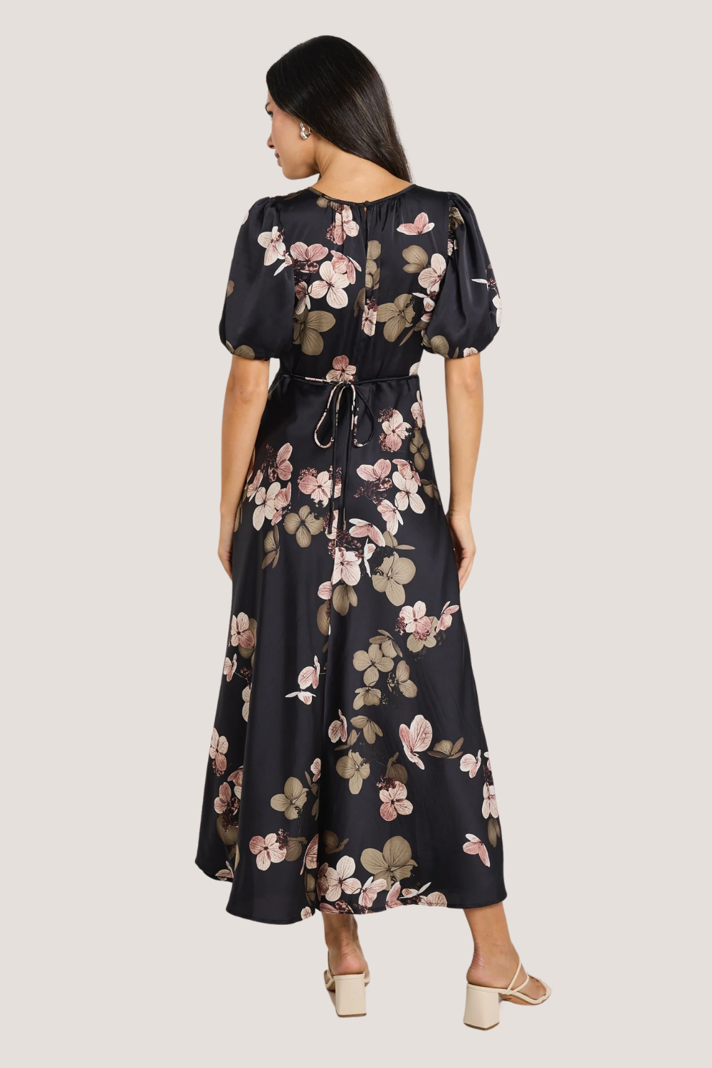 Stage Black Floral Satin Puff Sleeve Floaty Maxi Dress