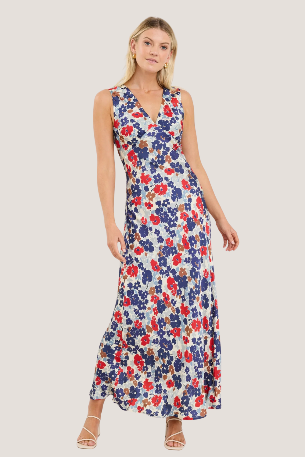 Aston Blue Red Poppy Satin Bias Flared Maxi Dress