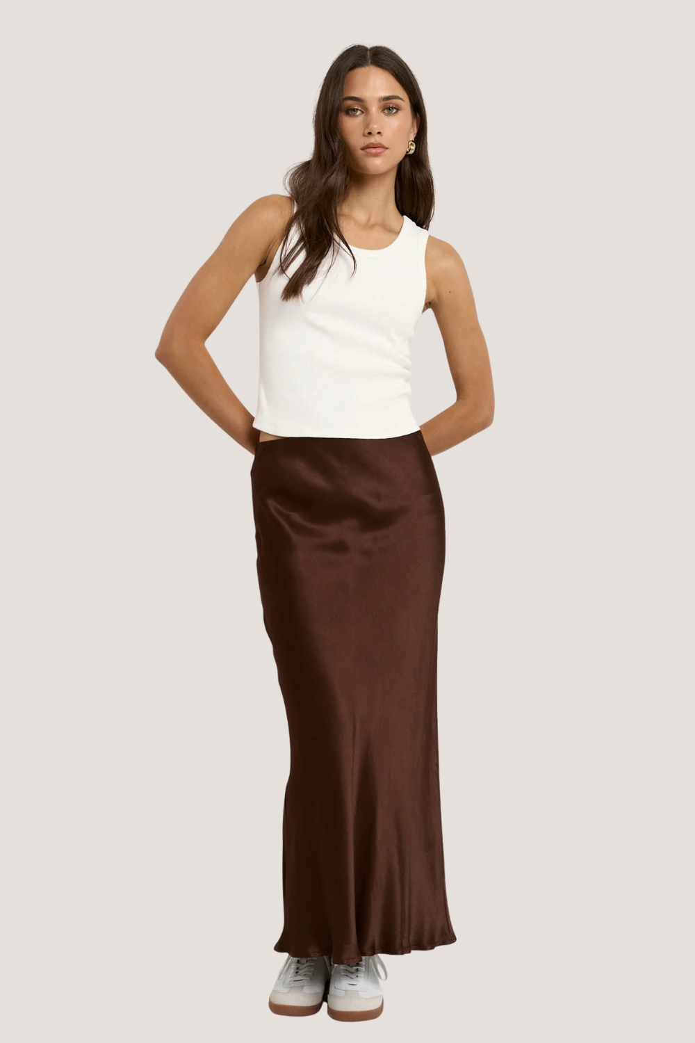 Rosette Chocolate Satin Bias Midi Skirt