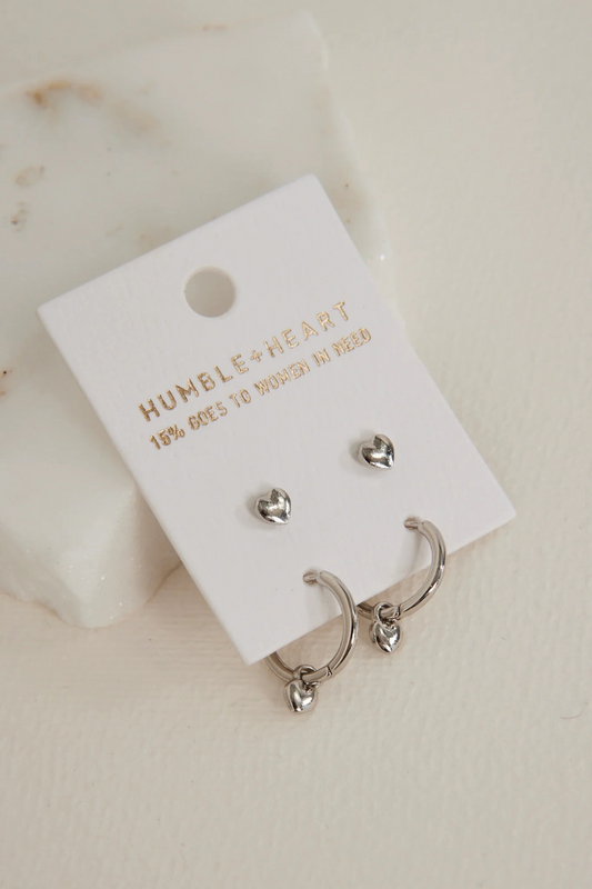 Heart Sleeper & Stud Set Earrings | Rhodium