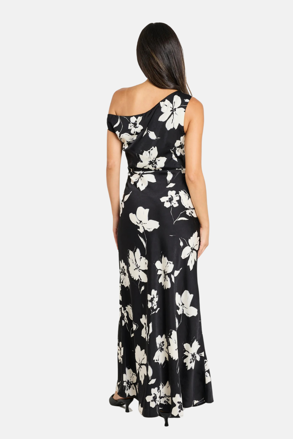 Spotlight Black Floral Satin Off Shoulder Flare Midi Dress