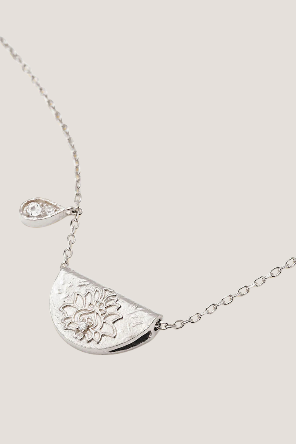 Sterling Silver Lotus Birthstone Necklace - April - White Topaz