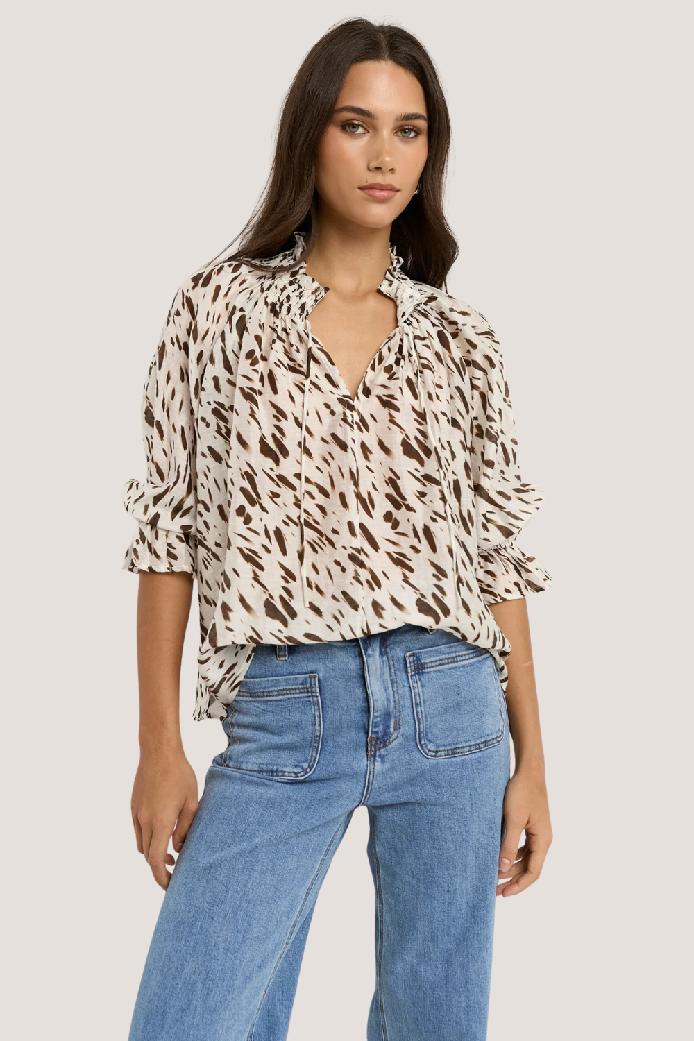 Certainty White Chocolate Animal Shirred Neck SS Top