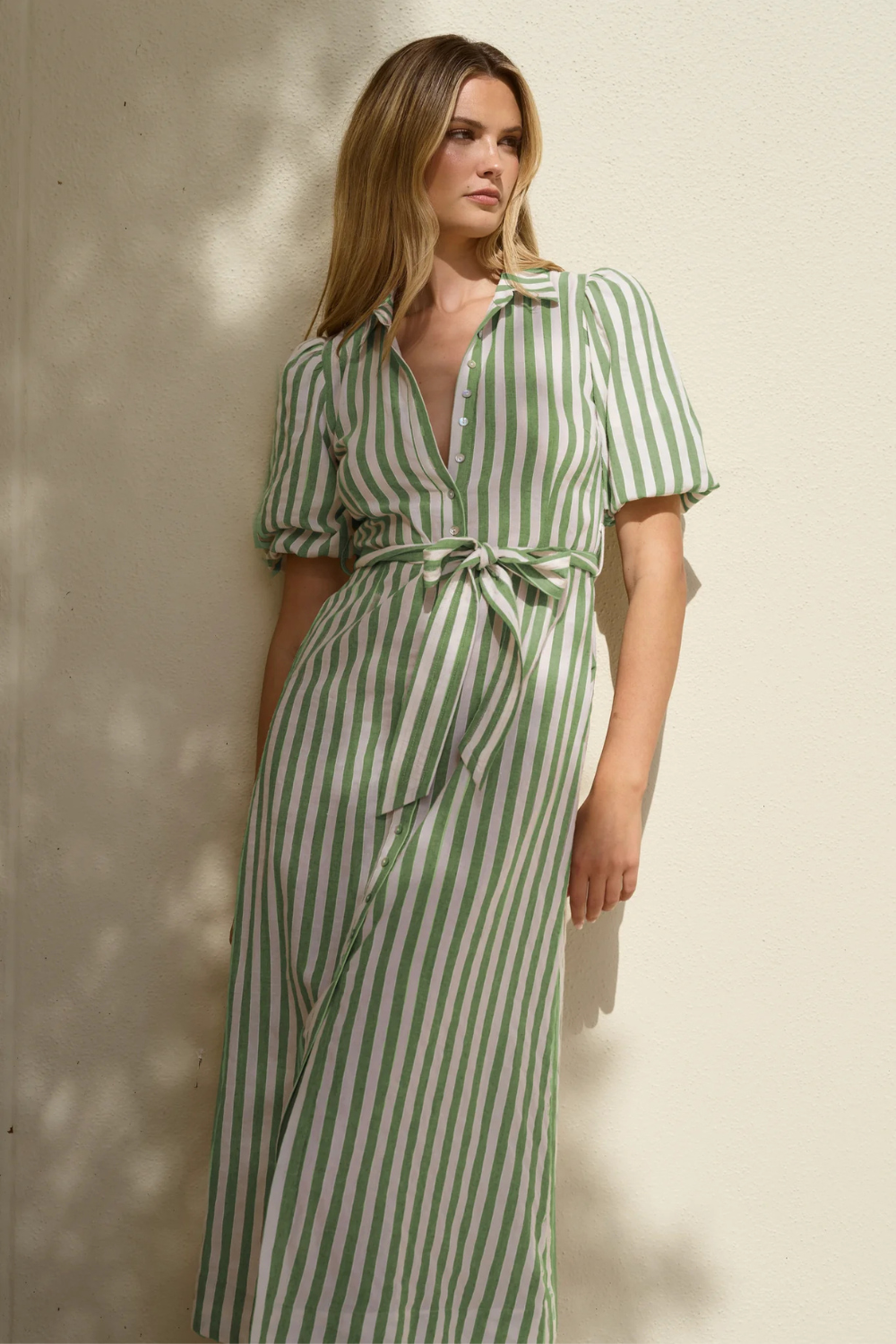 Kindred Moss Stripe Puff Sleeve Midi Shirt Dress