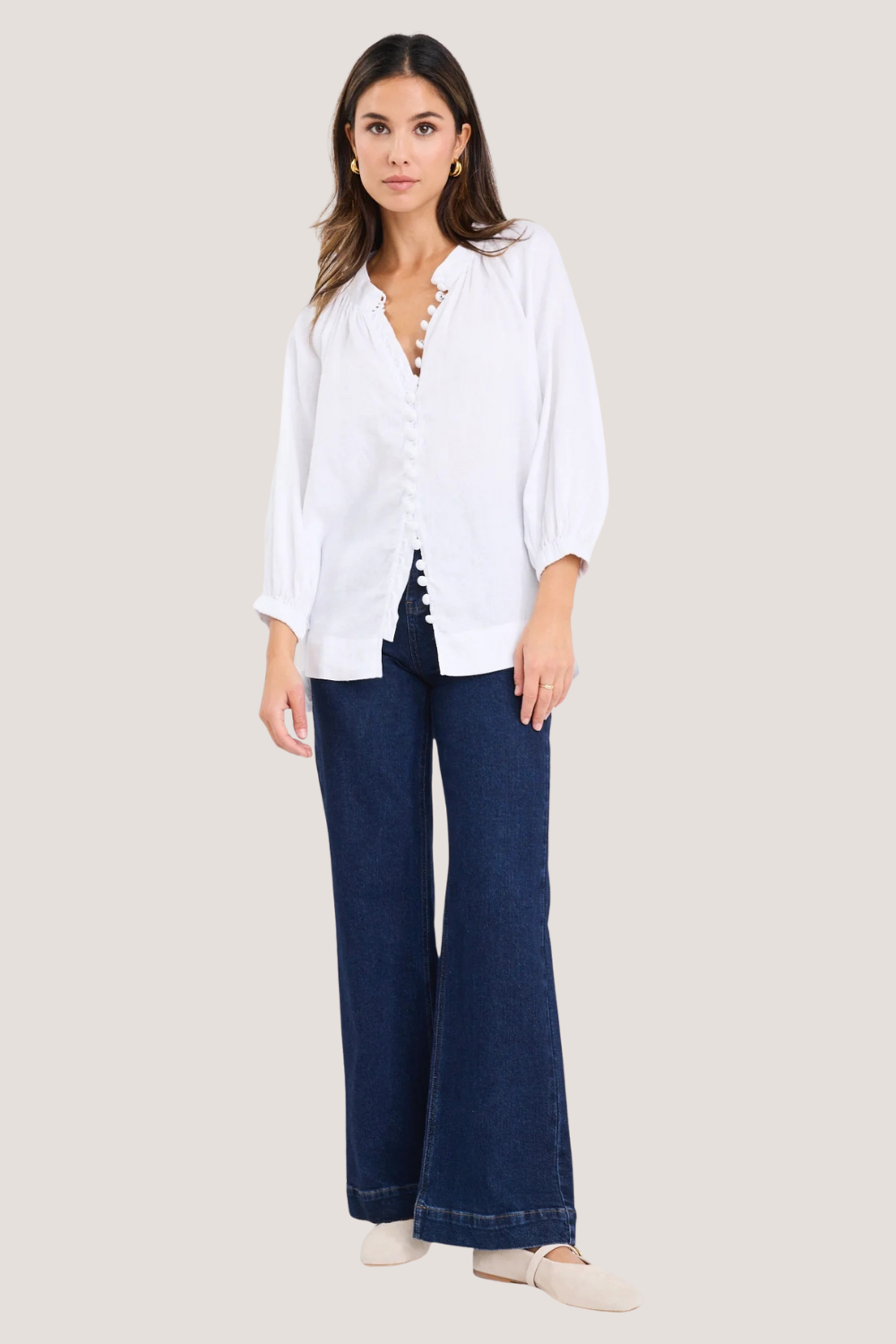 Restoration White Linen Button Front Mid Sleeve Blouse