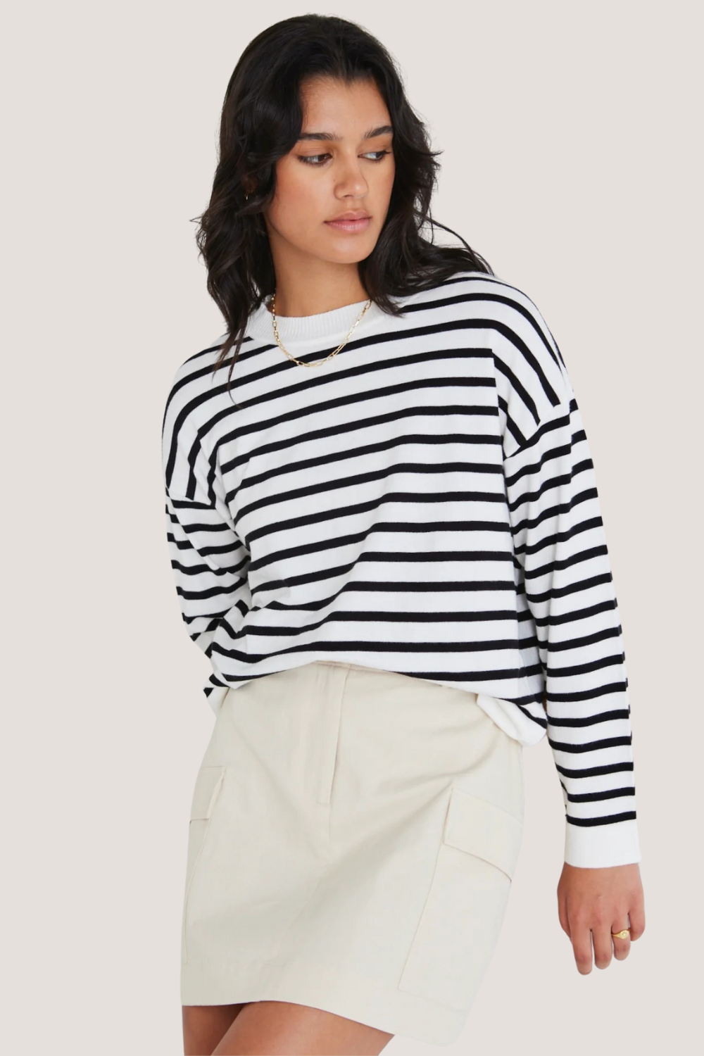 Clear Breton White Black Stripe Crew Neck Jumper