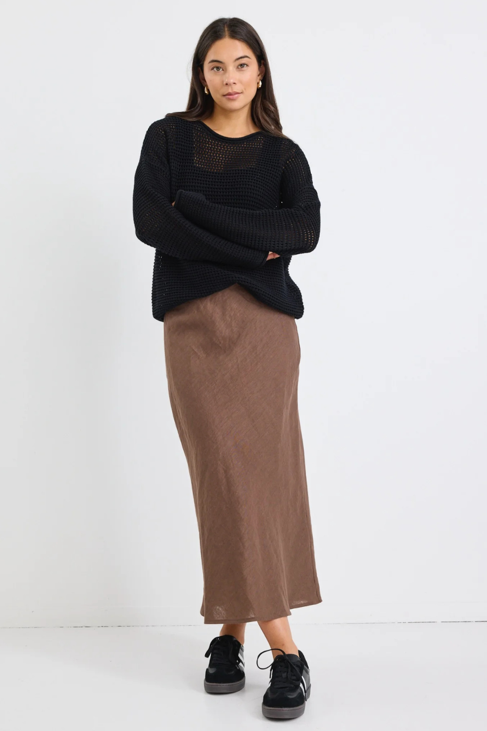 Bliss Dark Chocolate Linen Bias Midi Skirt