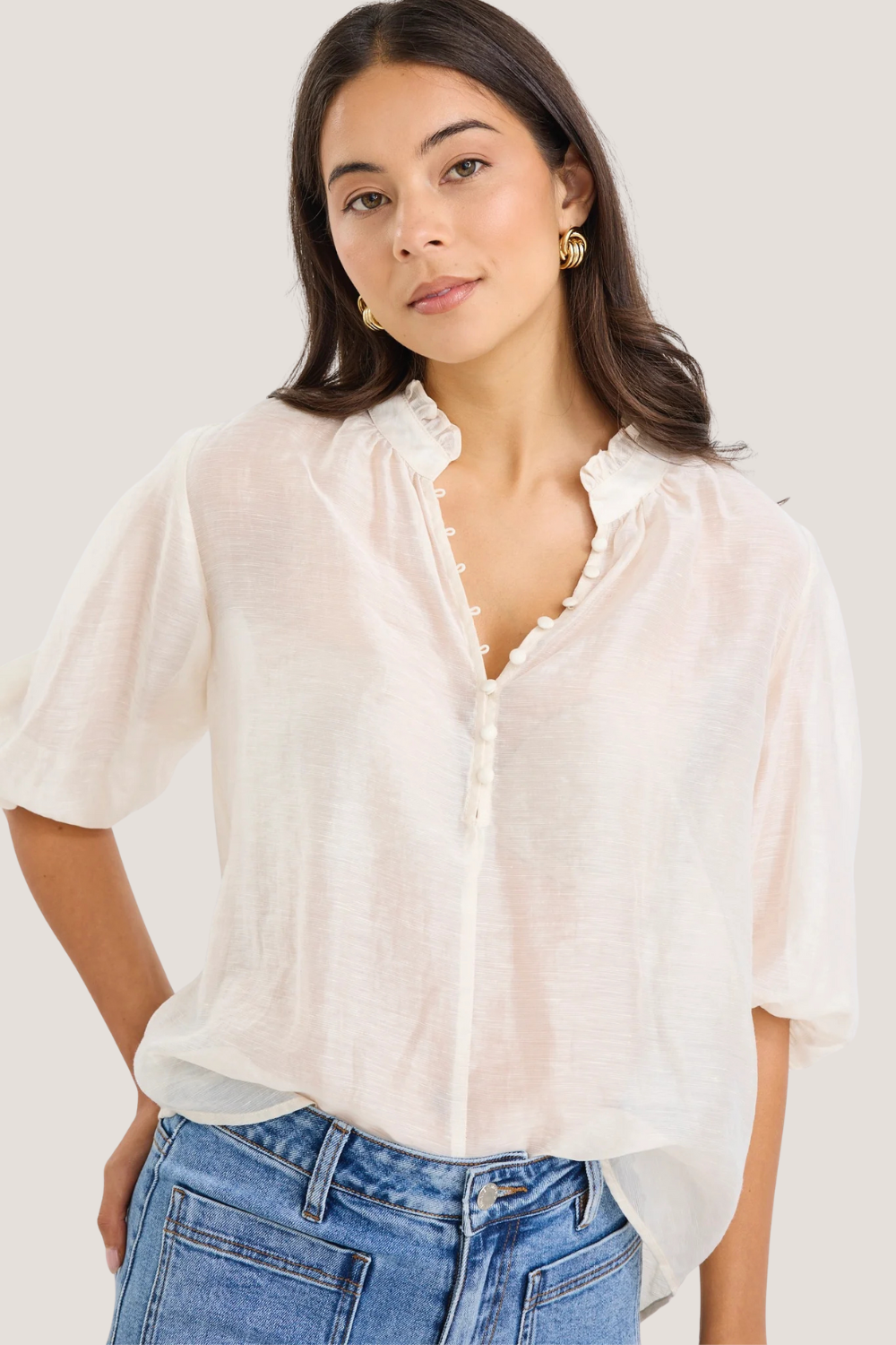 Closure Ivory Sheer High Neck Buttoned SS Top