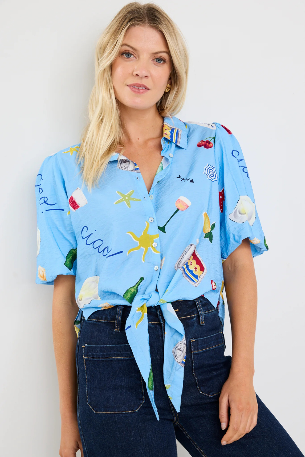 Exemption Blue Holiday Tie Front SS Shirt