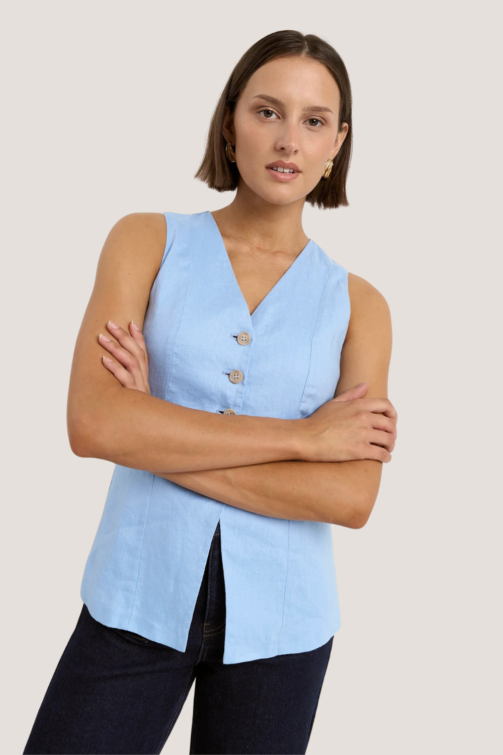 Eiffel Pale Blue Linen Fitted Longline Vest
