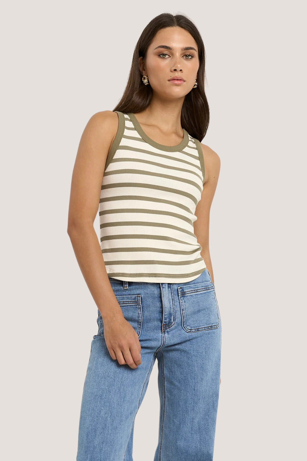Cobble Khaki Ivory Stripe Rib Cutaway Tank