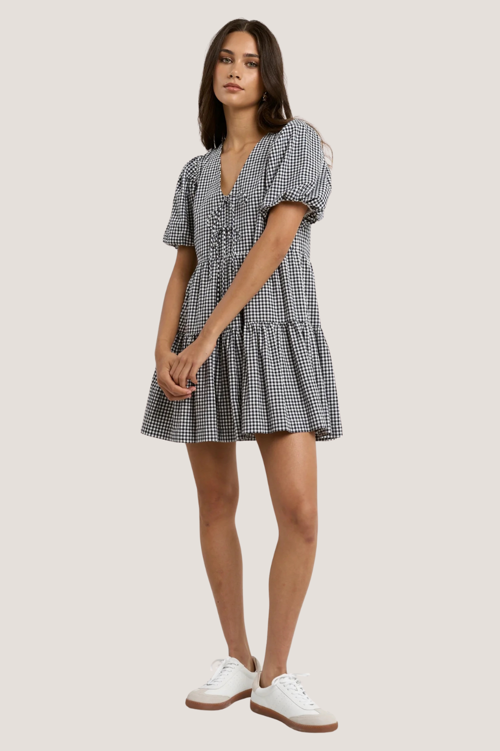 Roam Navy Gingham Puff Sleeve Tie Front Mini Dress