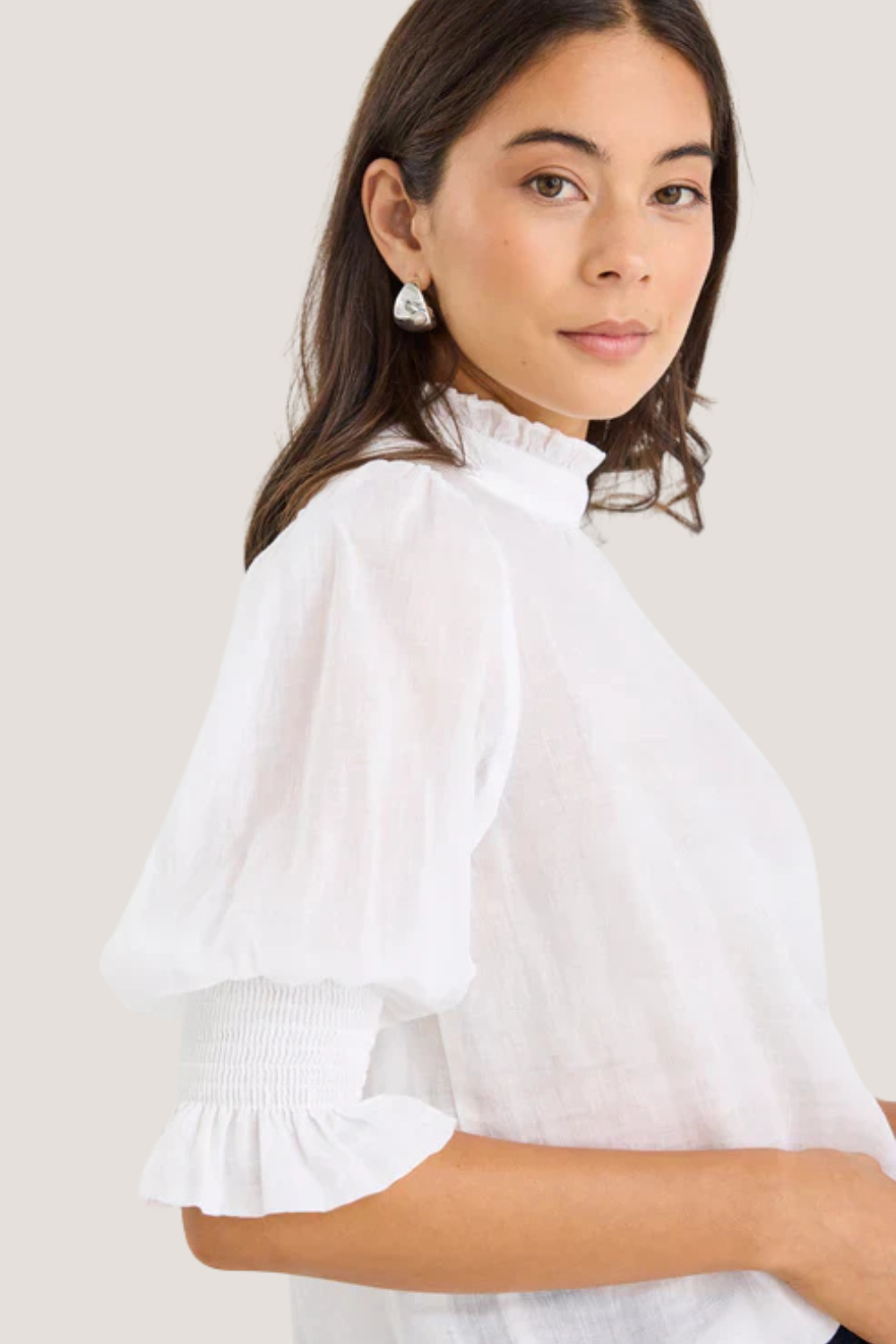 Verse Ivory Sheer High Neck Short Sleeve Top