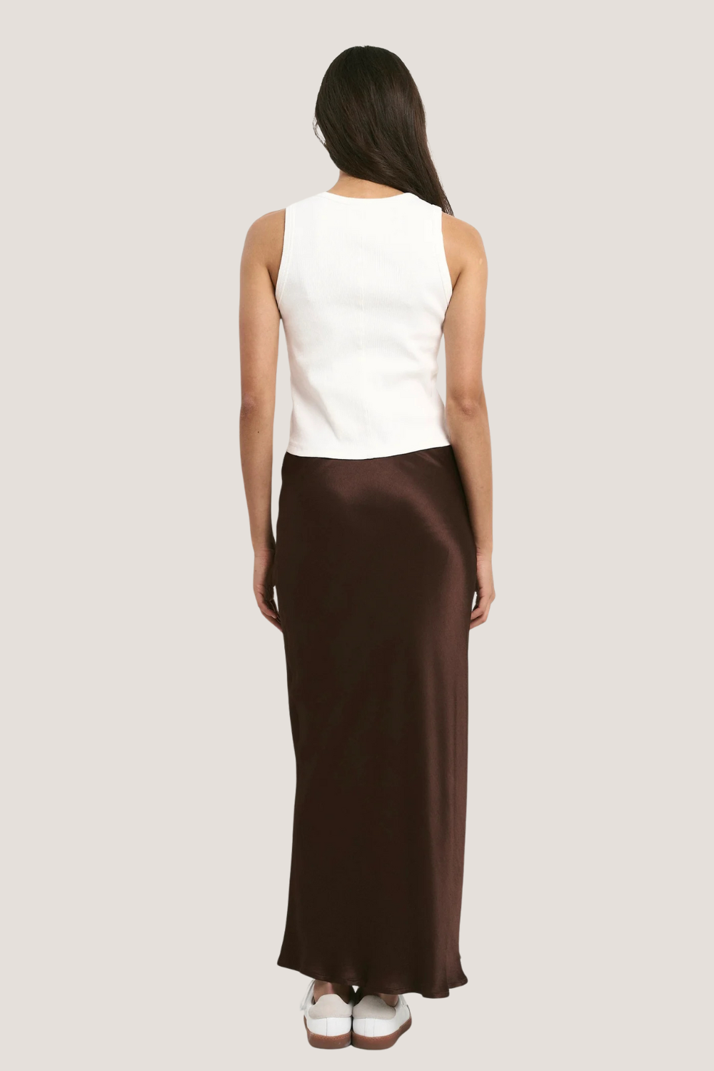 Rosette Chocolate Satin Bias Midi Skirt