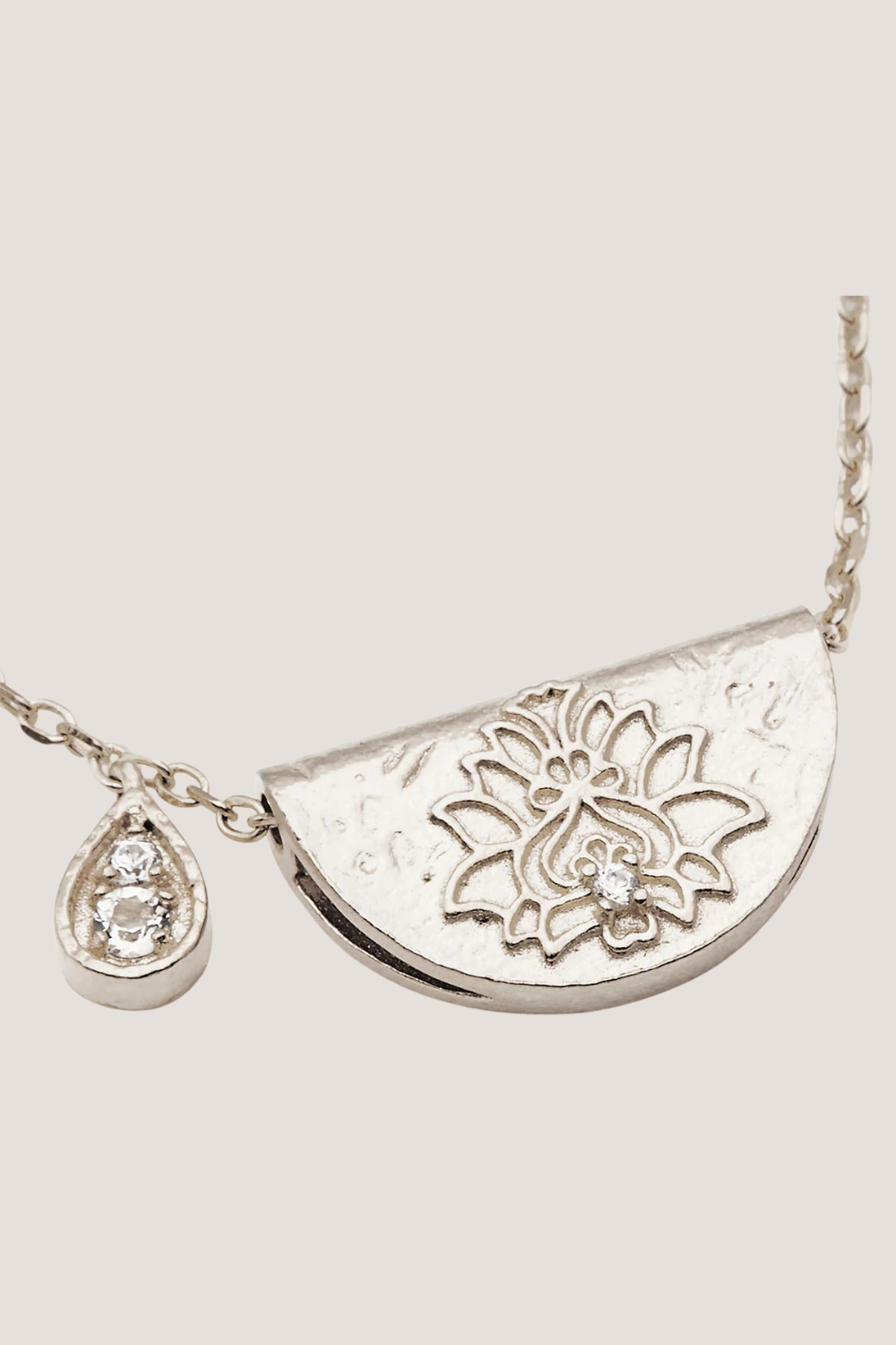 Sterling Silver Lotus Birthstone Necklace - April - White Topaz