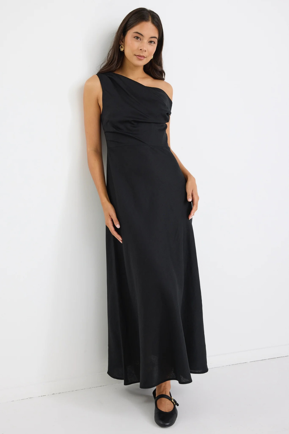 Spotlight Black Linen Blend Off Shoulder Flare Midi Dress