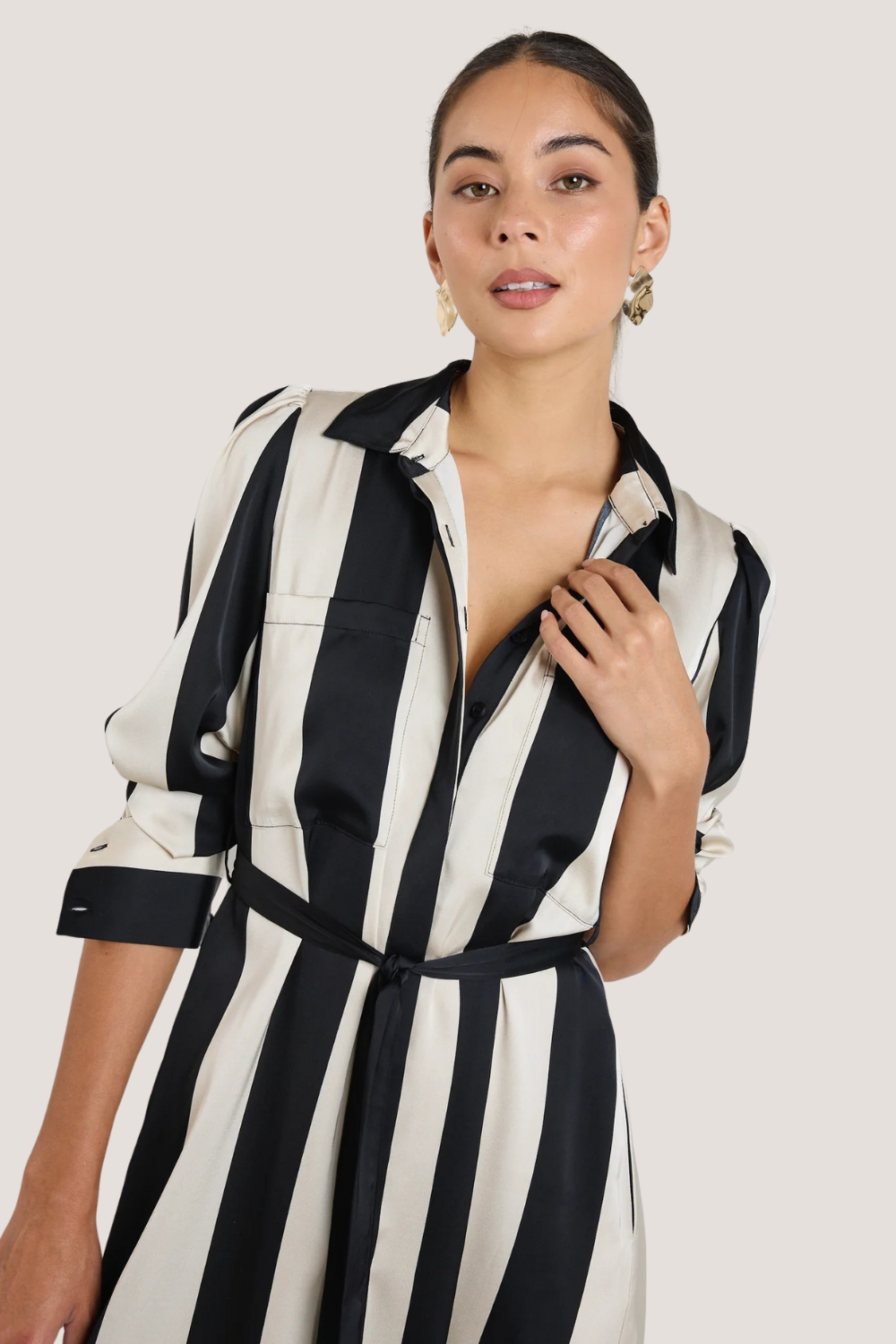 Cyprus Black Sand Stripe Satin LS Shirt Midi Dress