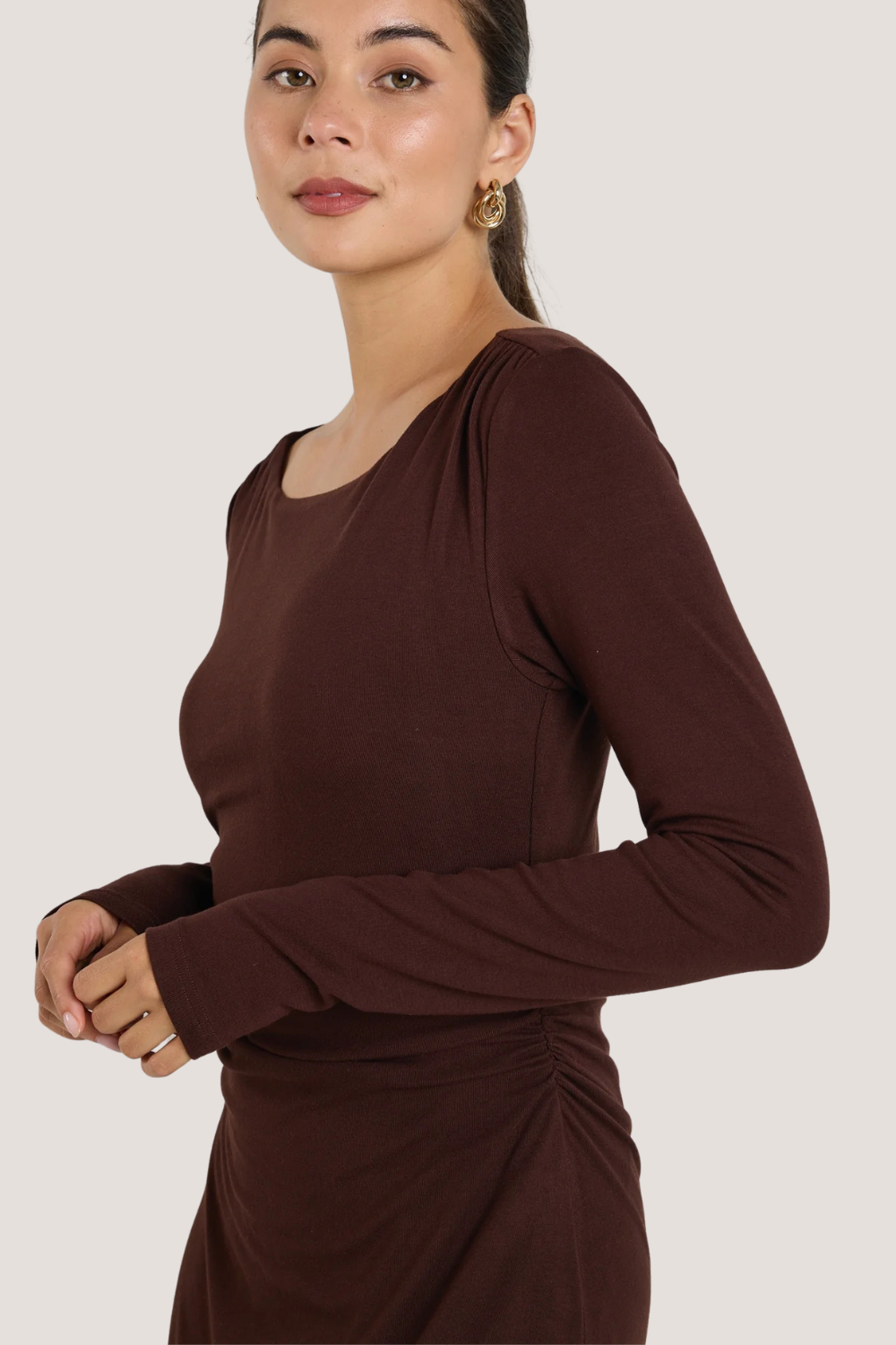 Vertigo Dark Chocolate Jersey LS Midi Dress