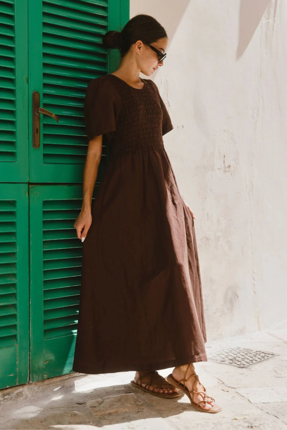 Wren Chocolate Linen Blend SS Shirred Bodice Midi Dress
