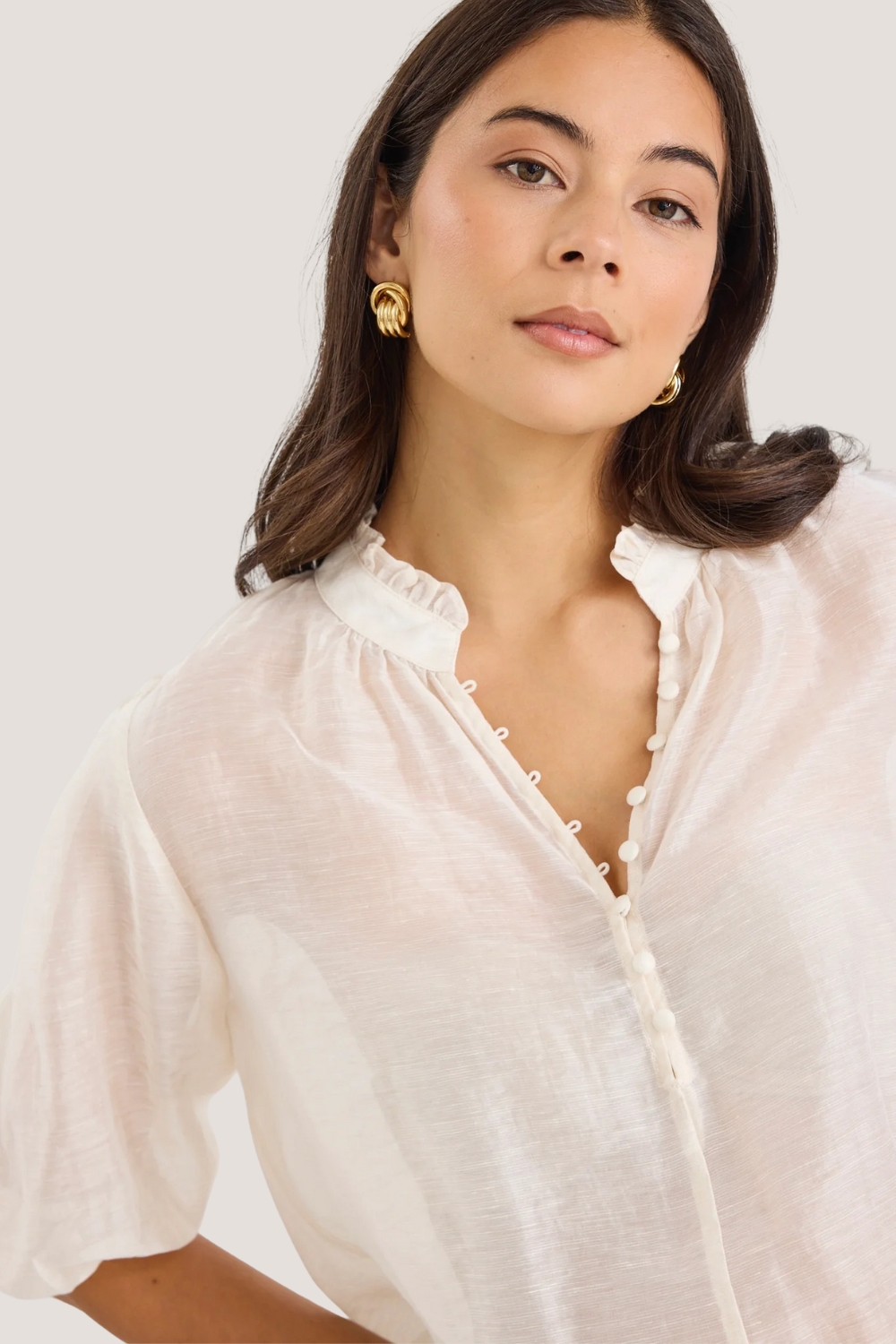 Closure Ivory Sheer High Neck Buttoned SS Top