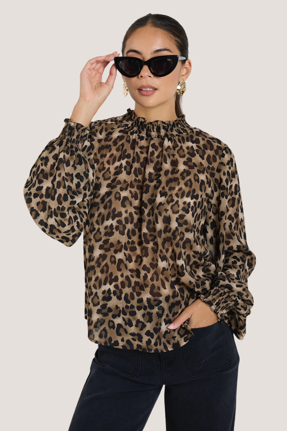 Embrace Leopard Georgette High Neck LS Top
