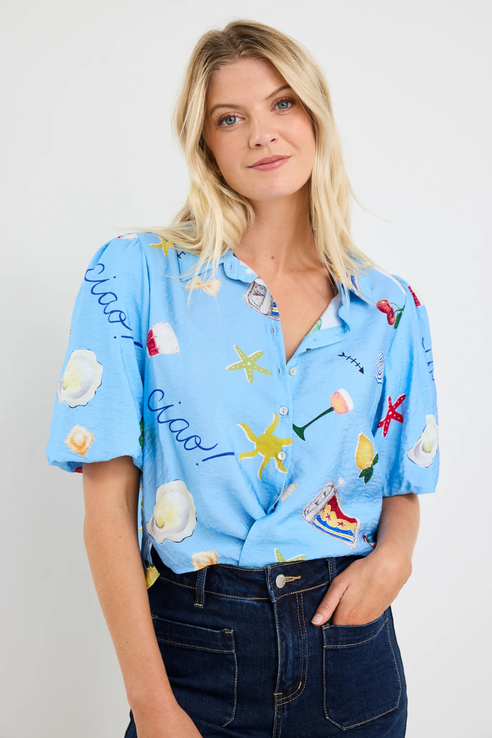Exemption Blue Holiday Tie Front SS Shirt