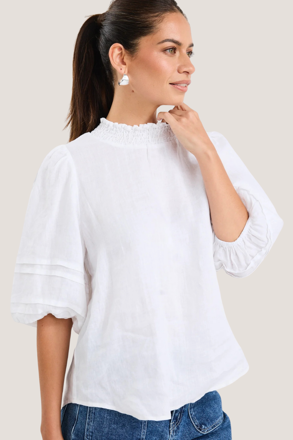 Polished Ivory Linen High Neck Pleat Sleeve Top