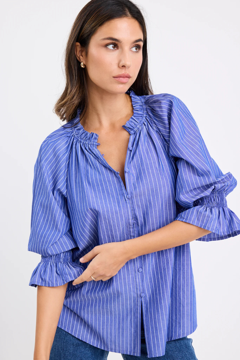 Noetic Dark Blue Stripe Short Sleeve Blouse