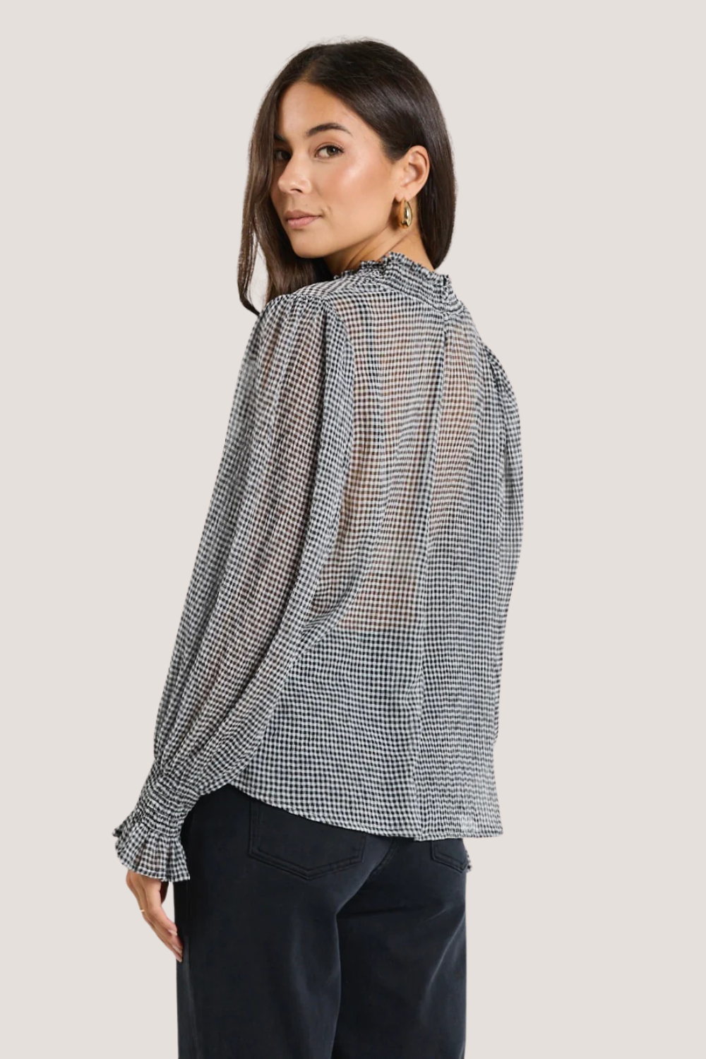 Emphatic Black Gingham Crinkle Shirred Neck LS Top